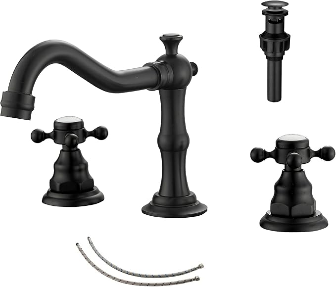GGStudy Matte Black Bathroom Faucet 2 Handles 3 Holes Faucet 8 inch Widespread Bathroom Sink Faucet Tap Mixer Supply Hose Included Matching Metal Pop Up Drain