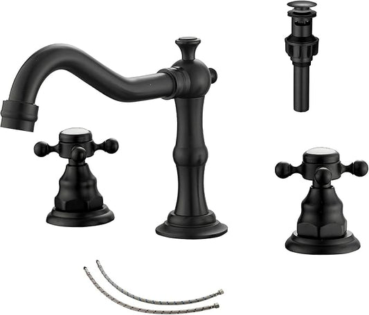 GGStudy Matte Black Bathroom Faucet 2 Handles 3 Holes Faucet 8 inch Widespread Bathroom Sink Faucet Tap Mixer Supply Hose Included Matching Metal Pop Up Drain