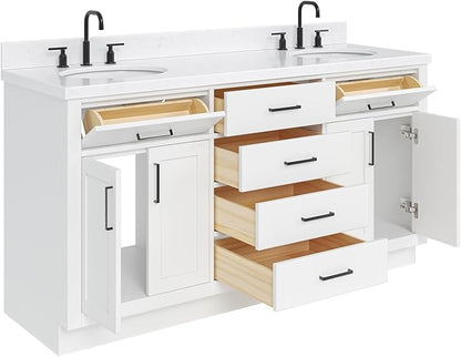 ARIEL Hepburn 66-inch Bathroom Vanity with Sink,Solid Wood, 1.5-inch Carrara White Quartz Countertop & Backsplash, Double Oval Porcelain Sink, 4 Soft Closing Doors, 6 Dovetail Drawers, White