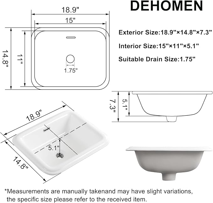 Bathroom Vessel Sink 19 Inch Small Drop In Bathroom Sink Rectangular Semi Recessed Sinks with Overflow White Ceramic Small Vanity Sinks for Tiny Bathrooms