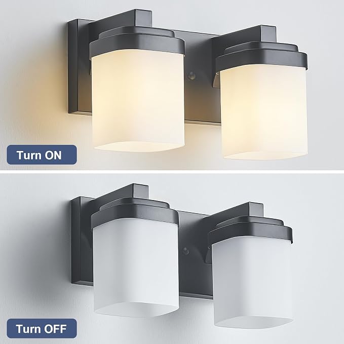 Vanity Lights, Small Bathroom Lamp Lighting Fixtures Over Mirror | 2-light black vanity lights for bathroom with milky white square glass shade, 10" modern farmhouse bathroom light fixtures