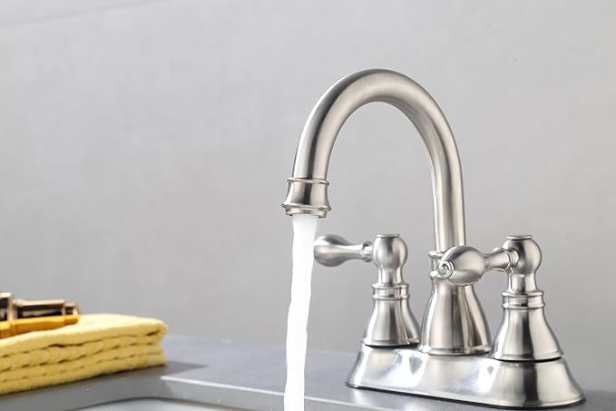 2 Handle Brushed Nickel Bathroom Sink Faucet 3 Hole Faucet with Overflow Pop up Drain,360° Swivel Spout 4 Inch Centerset Bathroom Faucet Without Supply Hoses,Meets cUPC NSF 61-9 AB1953,2 Pack