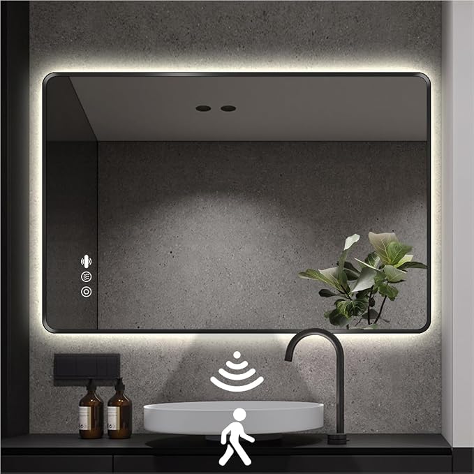 40" x 32" Black LED Bathroom Mirror with Lights - Motion Sensor | Smart Backlit Mirror Bathroom, Metal Framed, Anti-Fog, 3-Color Stepless Dimmable Lighted Mirror, Memory Function, CRI≥93