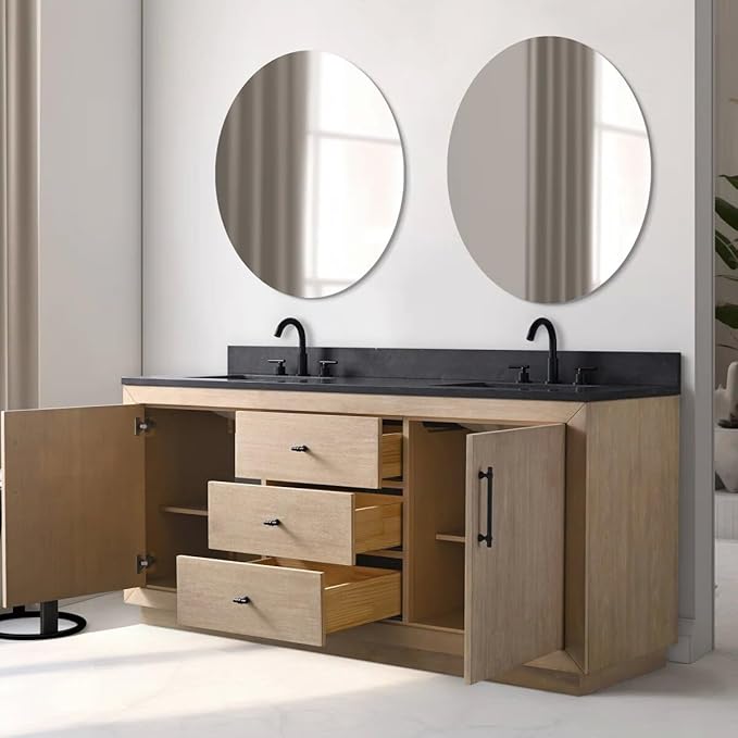 Vanity Art 72 inch Double Sink Bathroom Vanity, Vanity Cabinet with Doors and Shelf, Modern Wood Bathroom Vanity with White Marble Top, Solid Wood Frame, 3 Functioning Drawers,VA70-72-DLW-B