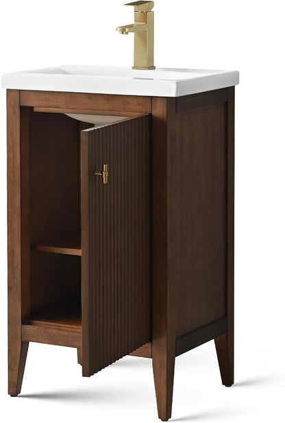 Vanity Art 20 inch Walnut Bathroom Vanity with Single Sink & Ceramic Top, Vanity Cabinet with Soft-Closing Door, Solid Wood Frame, Linear Pattern, Walnut, VA9120-Walnut-MB,Matte Black Handles