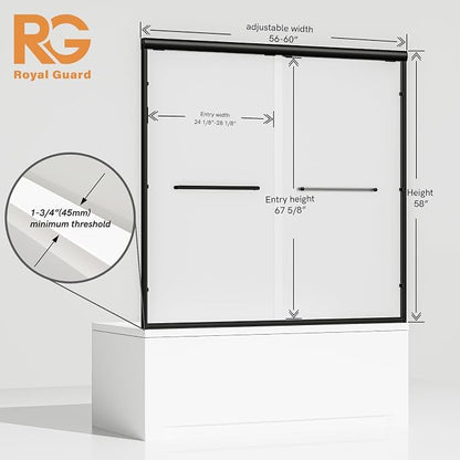 Royal Guard Double Sliding Shower Door 56-60" W x 58" H,Frosted&Matte Black | 6mm Frosted SGCC Tempered Glass,Nano Coating Easy Clean,Walk-in & Bathtub Use，Reversible Installation&Waterproof