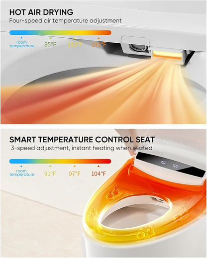 TDH Smart Bidet Toilet,Tankless Toilets with Foot Sensor,One Piece Bidet Toilet for Bathrooms with Heated Toilet Seat, Warm Water Sprayer & Dryer, Leave Seat Auto Flushing Large Display Night Light