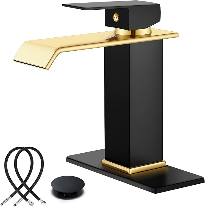 Midanya Waterfall Bathroom Sink Faucet 1 Hole,Matte Black and Shiny Gold | with cUPC Hoses,Pop Up Drain,Deck Plate,for 1 or 3 hole sink,Vanity,RV,Lavatory,Basin,Farmhouse,Stainless Steel,Single Handle