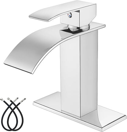 Midanya Waterfall Spout Bathroom Faucet Single Handle 1 Hole Bathroom Sink Faucet,Modern RV Lavatory Vanity Basin Tap with Water Hose,No Drain,Short Body,Polish Chrome