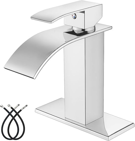 Midanya Waterfall Spout Bathroom Faucet Single Handle 1 Hole Bathroom Sink Faucet,Modern RV Lavatory Vanity Basin Tap with Water Hose,No Drain,Short Body,Polish Chrome