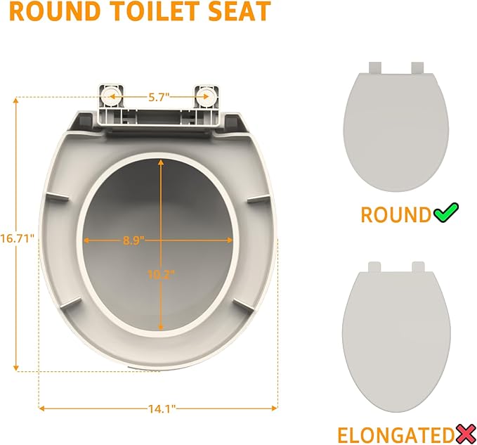 Round Toilet Seat Soft Close 16.5", Standard Universal Toilet Lid Round with PP Material Safe, Easy to Clean and Install, Ergonomic design, Never Loosens,2 Years Support, Almond Plastic