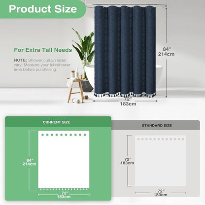 Extra Long Boho Shower Curtain Tufted Geometric 72"x84" Navy Blue | 84 Inch Tall, Elegant Tassel, Lightweight Textured Fabric, Water Repellent, Washable, Hotel Spa, for Bathroom/Dorm 12 Hooks
