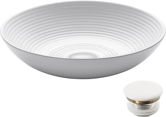 KRAUS Viva™ Round White Porcelain Ceramic Vessel Bathroom Sink with Pop-Up Drain, 16 1/2 in. D x 4 3/8 in. H, KCV-203GWH
