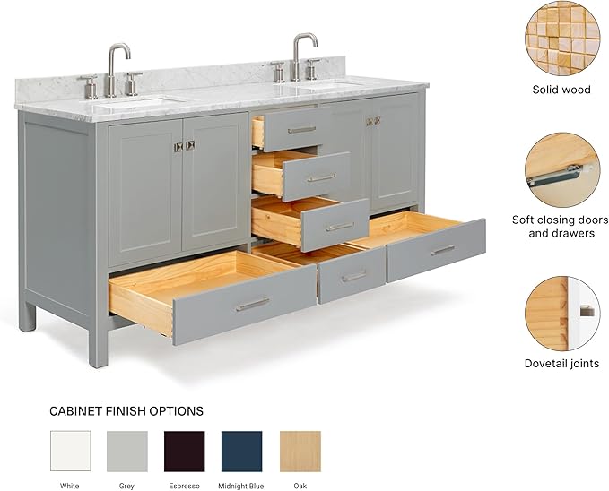 ARIEL Cambridge 72-inch Bathroom Vanity with Sink,Solid Wood, 0.75-inch Italian Carrara Marble Countertop, Double Rectangular Porcelain Sink, 4 Soft Closing Doors, 6 Dovetail Drawers, Grey