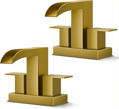 FORIOUS Square Brushed Gold Bathroom Faucets for 2 Hole or 3 Hole, Waterfall 4 Inch Centerset Bathroom Sink Faucet with Pop-up Drain and Supply Lines, Two Handles for Vanity, Laundry Room, 2 Pack