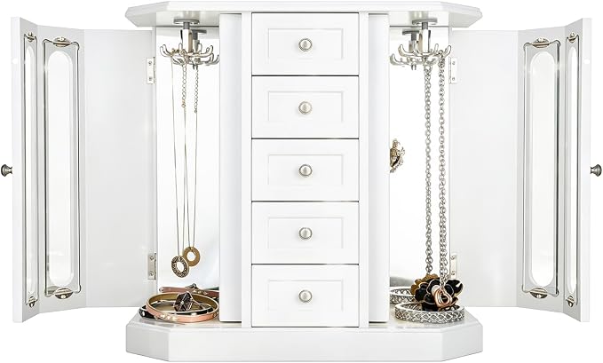 RR ROUND RICH DESIGN Vintage Jewelry Armoire with Mirror White | Solid Wood Jewelry Box Organizer with 5 Drawers & 2 Glass Doors - Large Capacity Desktop Dresser Case
