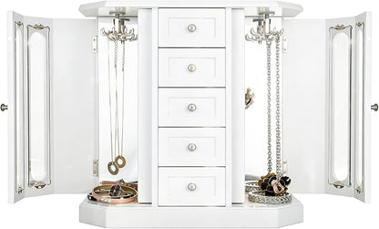 RR ROUND RICH DESIGN Vintage Jewelry Armoire with Mirror White | Solid Wood Jewelry Box Organizer with 5 Drawers & 2 Glass Doors - Large Capacity Desktop Dresser Case