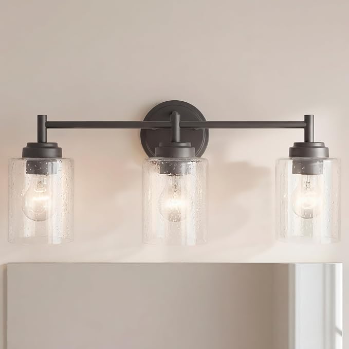 Kichler Winslow 3-Light Farmhouse Vanity Light, Olde Bronze | Clear seeded glass vanity light for bathroom mirrors (21.5" x 9.25"), 45886OZ