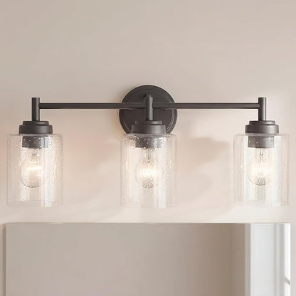 Kichler Winslow 3-Light Farmhouse Vanity Light, Olde Bronze | Clear seeded glass vanity light for bathroom mirrors (21.5" x 9.25"), 45886OZ