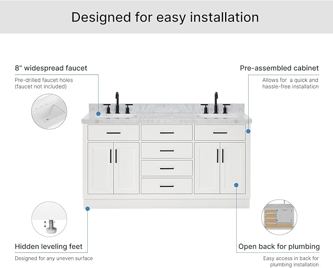 ARIEL Hepburn 66-inch Bathroom Vanity with Sink,Solid Wood, 1.5-inch Italian Carrara Marble Countertop, Double Rectangular Porcelain Sink, 4 Soft Closing Doors, 6 Dovetail Drawers, White