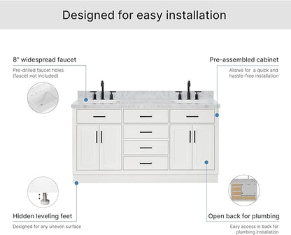 ARIEL Hepburn 66-inch Bathroom Vanity with Sink,Solid Wood, 1.5-inch Italian Carrara Marble Countertop, Double Rectangular Porcelain Sink, 4 Soft Closing Doors, 6 Dovetail Drawers, White
