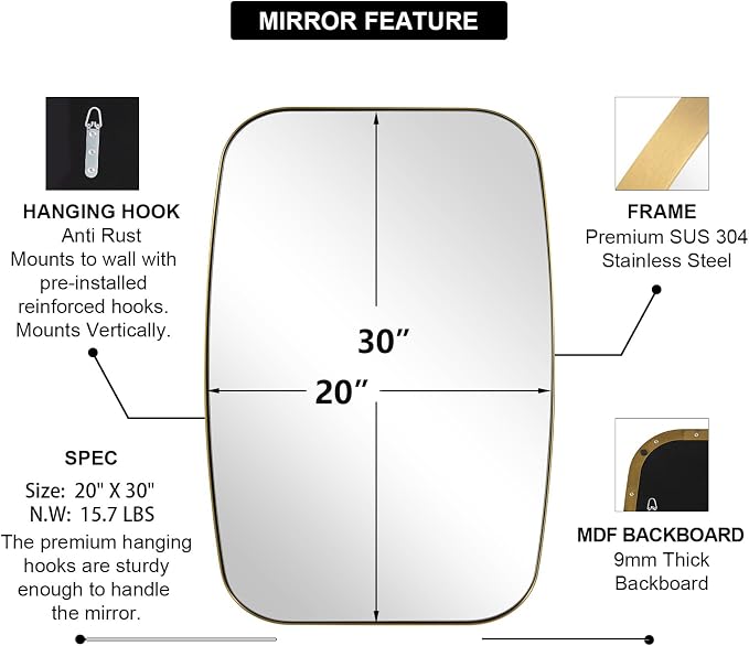 Gold Bathroom Mirror, 20x30’’ Brushed Gold Vanity Mirror for Bathroom, Brushed Brass Oblong Stainless Steel Metal Frame Mirror for Over Sink