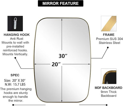 Gold Bathroom Mirror, 20x30’’ Brushed Gold Vanity Mirror for Bathroom, Brushed Brass Oblong Stainless Steel Metal Frame Mirror for Over Sink