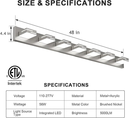 LED Modern Bathroom Vanity Light Fixtures, 7-Light 48-inch Dimmable Brushed Nickel Vanity Lights for Bathroom Lighting Fixtures Over Mirror, with 350° Rotatable Acrylic Heads (Cool White 6000K)