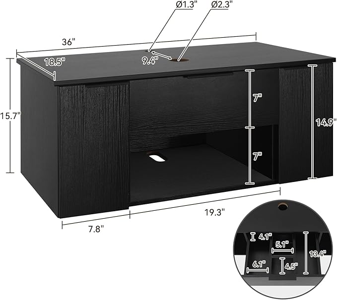 36 Inch Black Floating Bathroom Vanity with 2-Doors and 1-Drawer, Modern Wall Mounted Cabinet with Blue Boat Vessel Sink Top