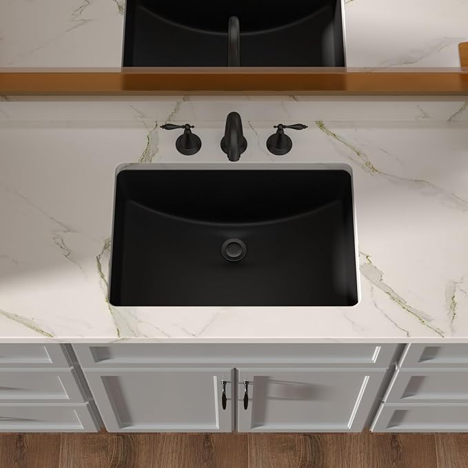 Lordear Undermount Black Bathroom Sink 21x15 Inch Bathroom Vanity Sinks Undermount Rectangle Black Porcelain Ceramic Bathroom Under Counter Lavatory Vanity Sink Basin with Overflow