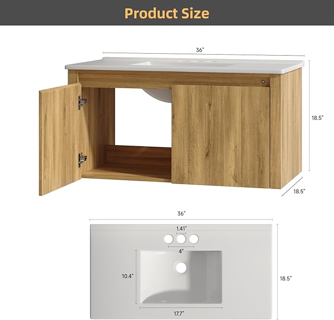 ONBRILL Modern Bathroom Vanity with Sink, Floating Bathroom Vanities with Auto Motion Sensor LED Light, 3 Hole Integrated Ceramic Basin & Soft Closing Doors for Small Space, Hotel (36",Nature)