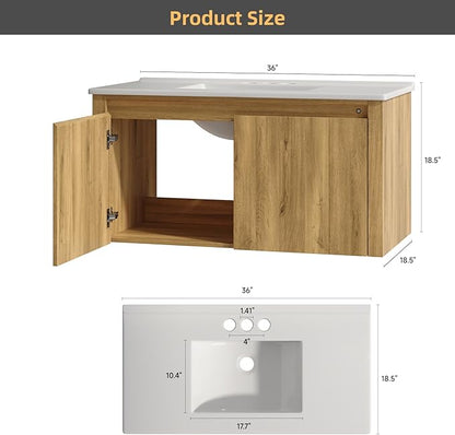 ONBRILL Modern Bathroom Vanity with Sink, Floating Bathroom Vanities with Auto Motion Sensor LED Light, 3 Hole Integrated Ceramic Basin & Soft Closing Doors for Small Space, Hotel (36",Nature)