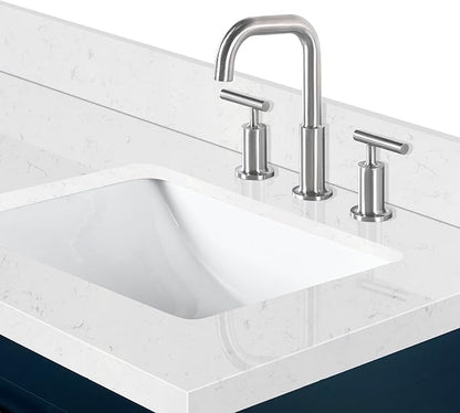 ARIEL Monroe 66-inch Bathroom Vanity with Sink,Solid Wood, 1.5-inch Carrara White Quartz Countertop & Backsplash, Double Oval Porcelain Sink, 9 Dovetail Drawers, Brushed Nickel, Midnight Blue