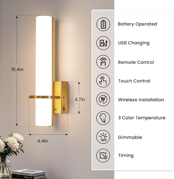AIJIASI Battery Operated Gold Wall Sconces - 15 Inch Modern Sconce Wall Lighting 3000K-6000K Dimmable LED Wall Sconces Set of Two, Indoor Bathroom Sconce for Living Room Bedroom Hallway Stairway