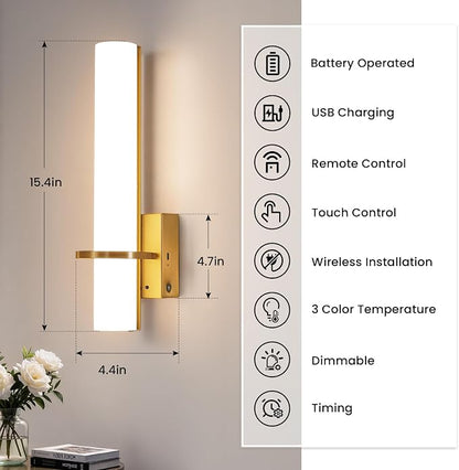 AIJIASI Battery Operated Gold Wall Sconces - 15 Inch Modern Sconce Wall Lighting 3000K-6000K Dimmable LED Wall Sconces Set of Two, Indoor Bathroom Sconce for Living Room Bedroom Hallway Stairway