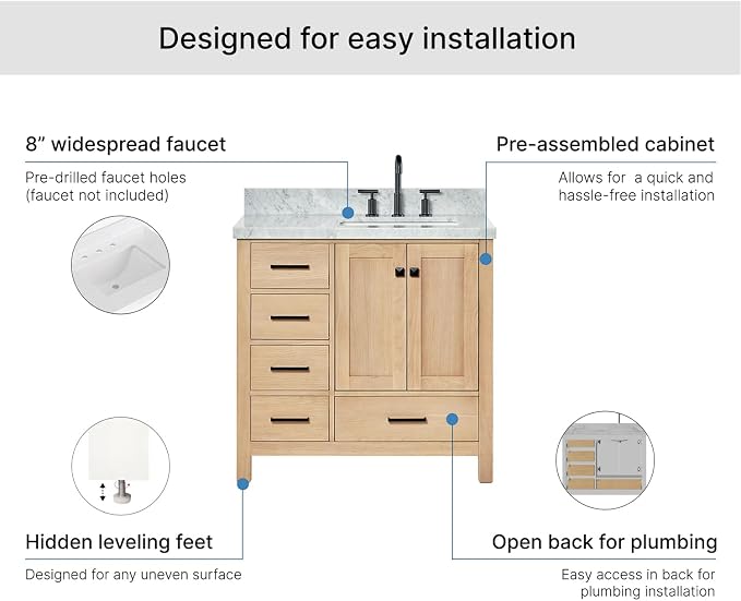 ARIEL Cambridge 36-inch Bathroom Vanity with Sink,Solid Wood, 1.5-inch Italian Carrara Marble Countertop, Single Rectangular Porcelain Sink, 2 Soft Closing Doors, 5 Dovetail Drawers, White Oak