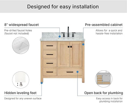 ARIEL Cambridge 36-inch Bathroom Vanity with Sink,Solid Wood, 1.5-inch Italian Carrara Marble Countertop, Single Rectangular Porcelain Sink, 2 Soft Closing Doors, 5 Dovetail Drawers, White Oak