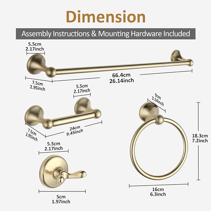 BGL Bathroom Accessories Set, Brushed Brass Towel Holder for Bathroom, 4-Piece Towel Ring, Robe Hook, Toilet Paper Holder Wall Mounted
