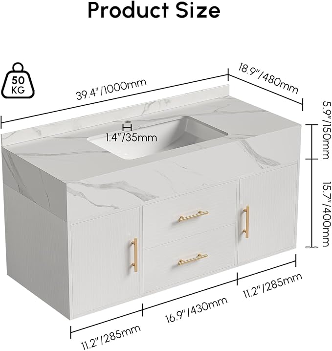 Bathroom Vanity with Sink, 39.3" Floating Bathroom Vanity Set, Modern Wall-Mounted Cabinet with Sintered Stone Countertop, Undermount Sink & White Finish, Easy to Clean