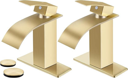 2 Pack Gold Bathroom Faucet with Waterfall Spout and Pop-up Drain | SUS 304 Stainless Steel, Single Handle, 1 Or 3 Hole Sink, RV Vanity, Deck Plate, Supply Hoses, NSF372 NSF61 cUPC