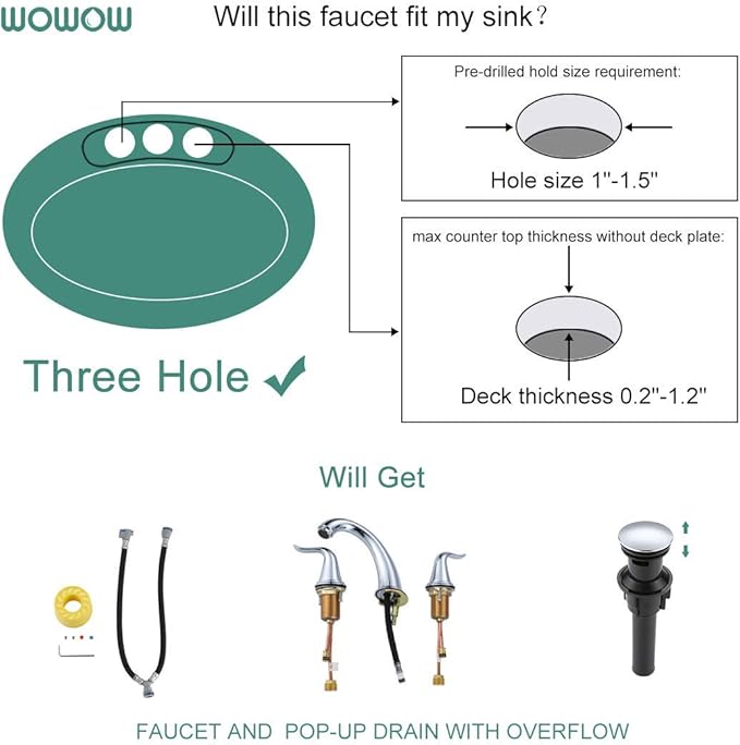 WOWOW 3 Hole Widespread Bathroom Faucet Chrome Bathroom Sink Faucets 2 Handle Bath Faucet 8 inch Vanity Faucet with Pop Up Drain Stopper Assembly Brass Mixer Taps for Bathroom Basin