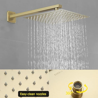 Brushed Gold Shower System with Tub Spout Wall Mounted Tub Shower Faucet Set for Bathroom with High Pressure 10" Rain Shower head and Handheld Shower Head Kit