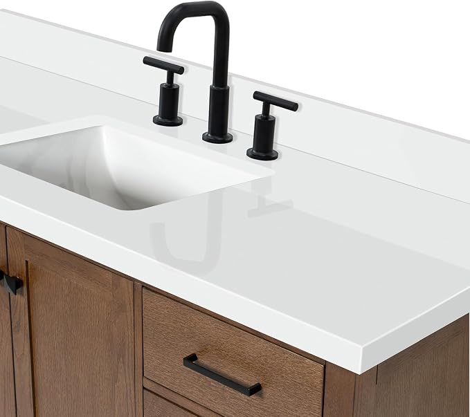 ARIEL Cambridge 60-inch Bathroom Vanity with Sink,Solid Wood, 1.5-inch Pure White Quartz Countertop, Single Rectangular Porcelain Sink, 2 Soft Closing Doors, 9 Dovetail Drawers, Brown Oak