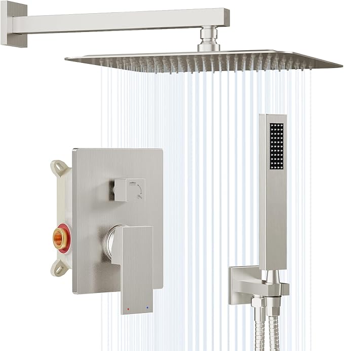 Gabrylly Rain Shower Head with Handheld Spray Combo, 10", Brushed Nickel | All Metal Shower System, High Pressure Rainfall Shower Faucet Set, Solid Brass Shower Valve Complete Shower Set for Bathroom