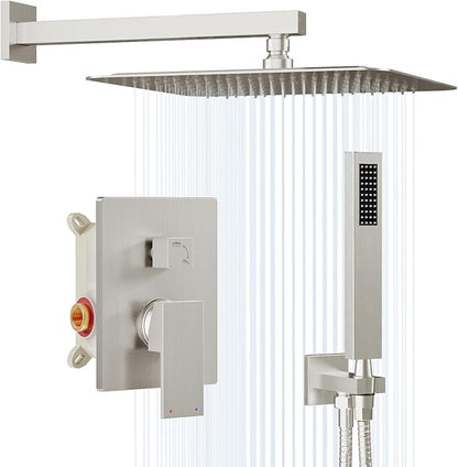 Gabrylly Rain Shower Head with Handheld Spray Combo, 10", Brushed Nickel | All Metal Shower System, High Pressure Rainfall Shower Faucet Set, Solid Brass Shower Valve Complete Shower Set for Bathroom