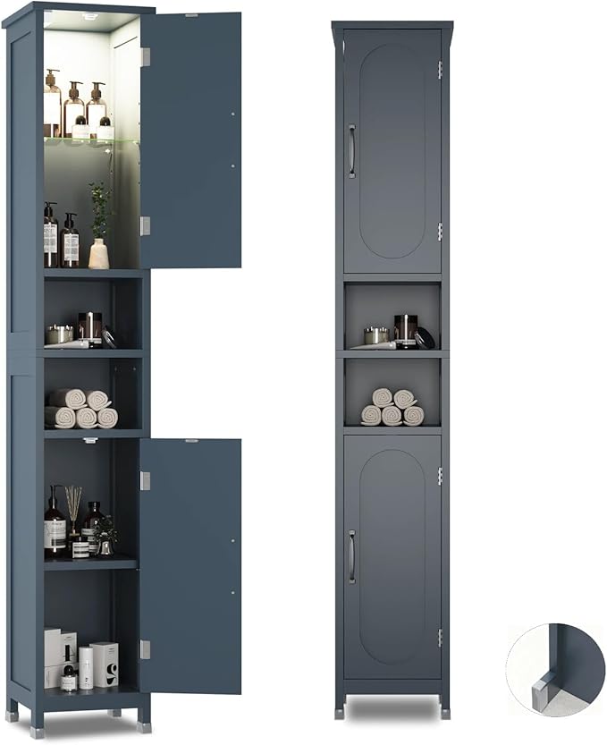 67" Tall Bathroom Storage Cabinet with Lights, Slim Narrow Bathroom Cabinet Organizer with Doors and Adjustable Shelves, Tall Cabinet for Small Space (66.9" Tall-Blue with Light)