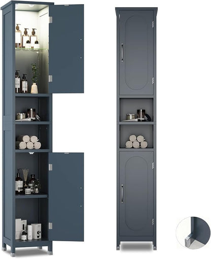 67" Tall Bathroom Storage Cabinet with Lights, Slim Narrow Bathroom Cabinet Organizer with Doors and Adjustable Shelves, Tall Cabinet for Small Space (66.9" Tall-Blue with Light)