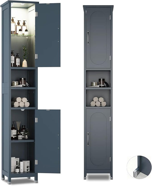 67" Tall Bathroom Storage Cabinet with Lights, Slim Narrow Bathroom Cabinet Organizer with Doors and Adjustable Shelves, Tall Cabinet for Small Space (66.9" Tall-Blue with Light)