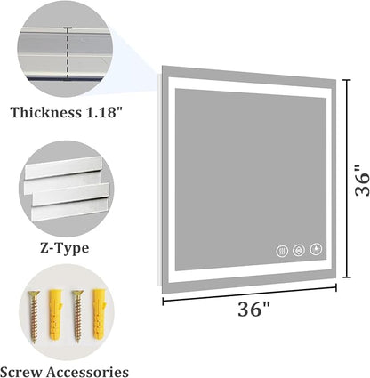Koonmi 36x36 LED Bathroom Mirror, Shatterproof Mirror with Light | 90CRI Vanity Mirror with Anti-fog Backlit + Front Lit, 3 Color, Easy Install for Bathroom Hotel (IP65)