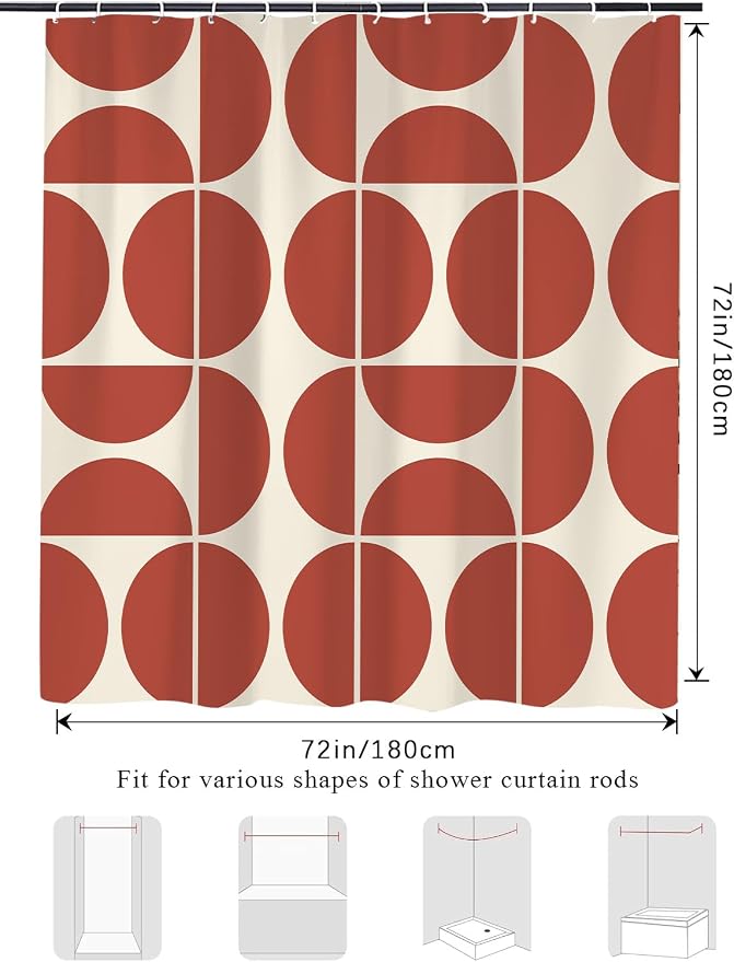 Red Brown Mid Century Modern Shower Curtain, Boho Abstract Geometric Retro Art Shower Curtains for Bathroom, Colorful Unique Pattern Polyester Fabric Shower Curtain Set 12 Hooks 72X72IN
